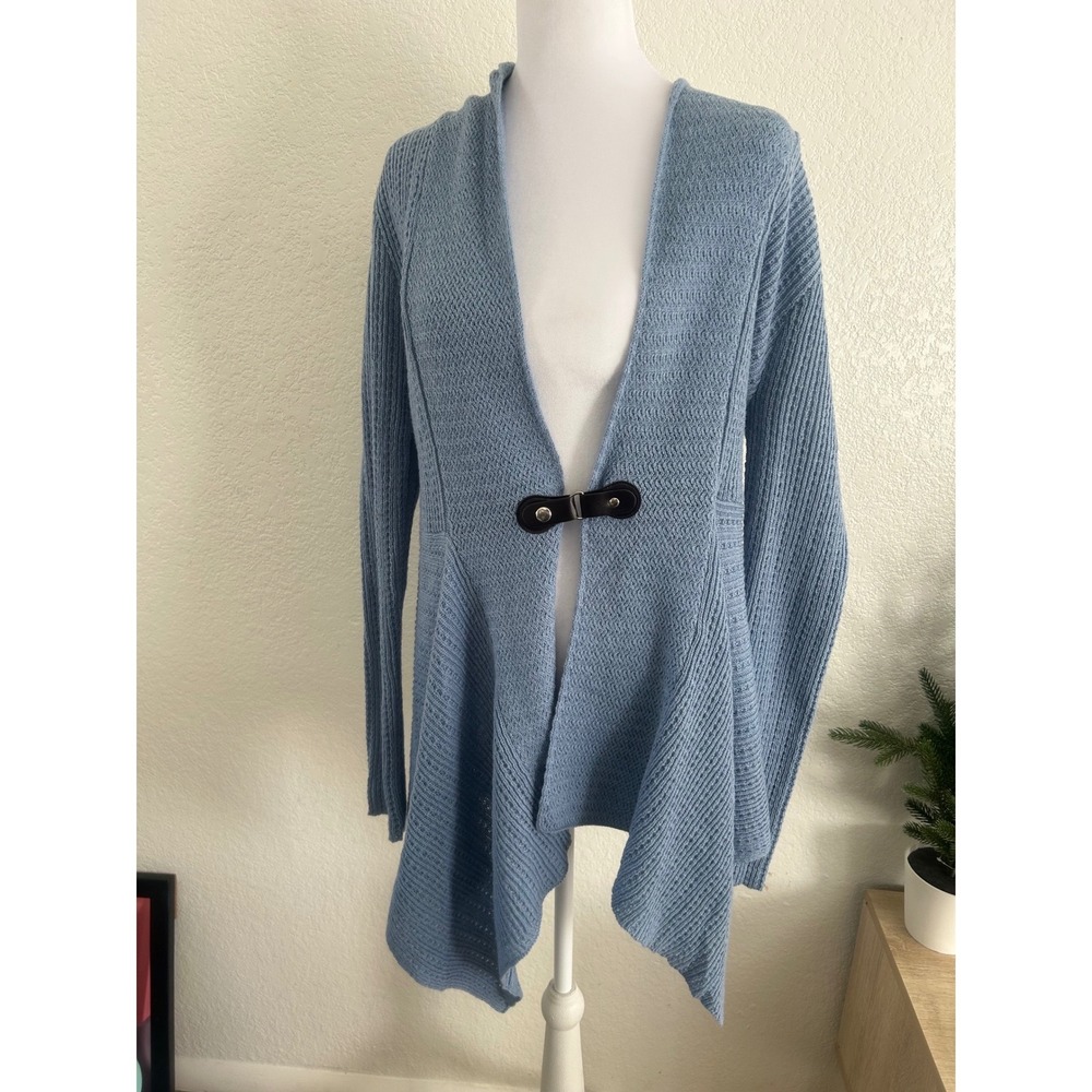 JOSEPH A Baby Blue Knit Waterfall Cardigan Sweater Buckle Closure L Cottage Prep